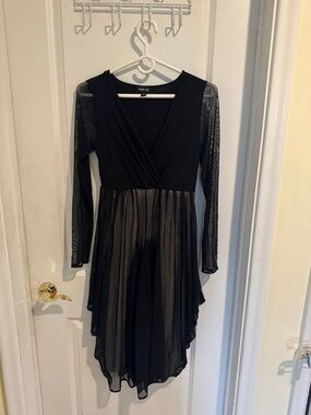 Ronen Chen Black Long-Sleeve Mesh Wrap Dress